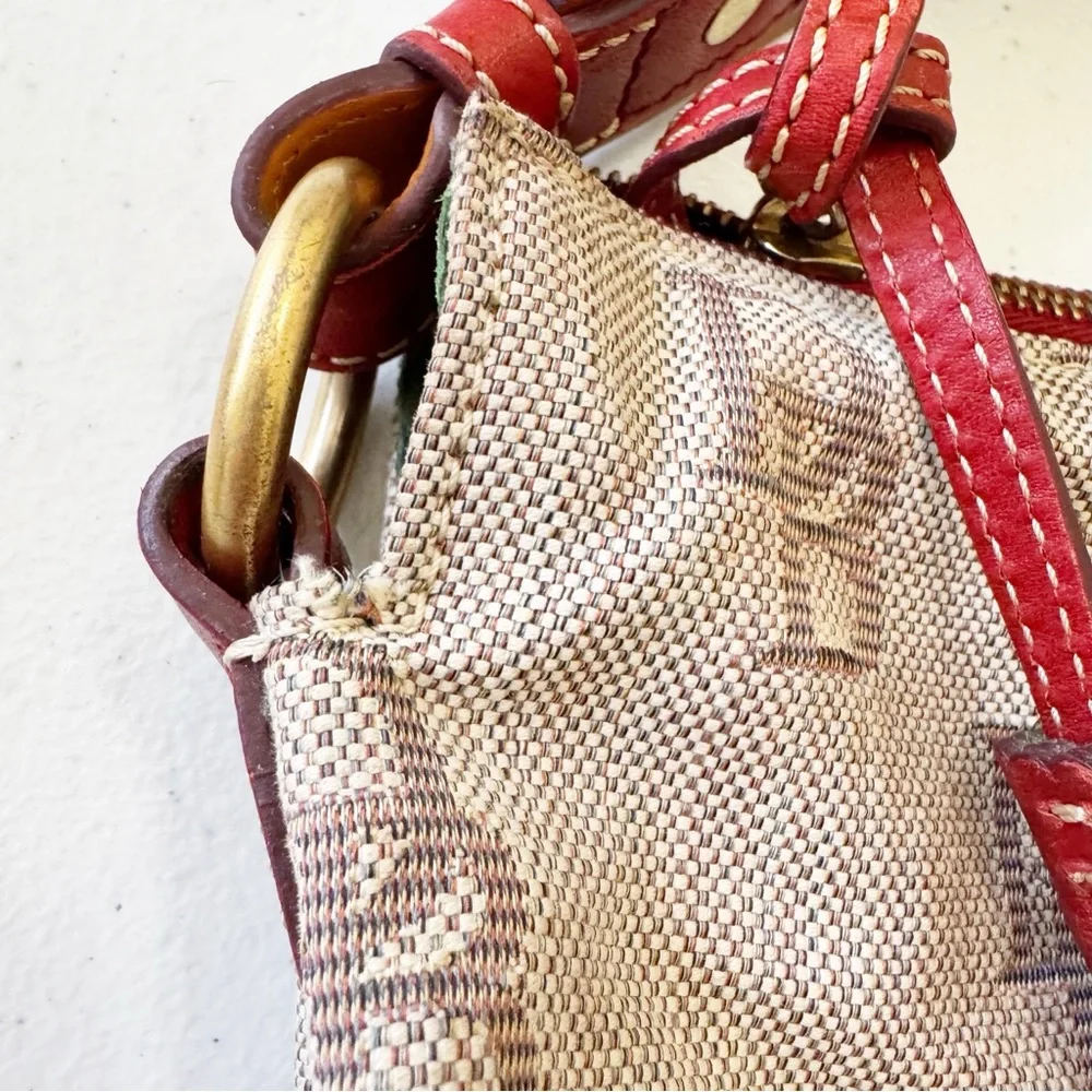 Dooney & Bourke Jacquard Logo Cream Red Tassel Hobo Bag
